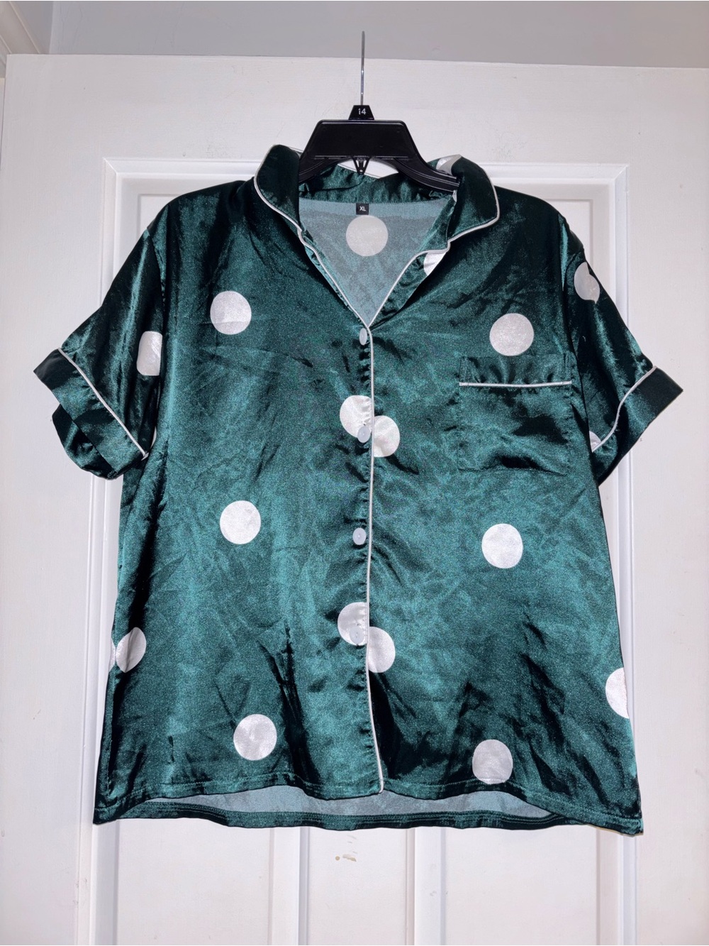 Emerald Green Polka Dot Satin Short-Sleeve Pajama Top